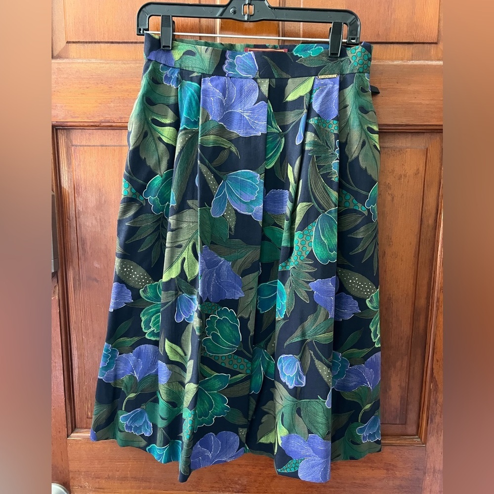 Vintage Geiger Botanical Floral Pleated Midi Skirt Navy Green Purple Size S / 40